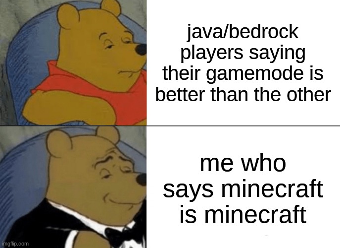 Tuxedo Winnie The Pooh | java/bedrock players saying their gamemode is better than the other; me who says minecraft is minecraft | image tagged in memes,tuxedo winnie the pooh,minecraft | made w/ Imgflip meme maker