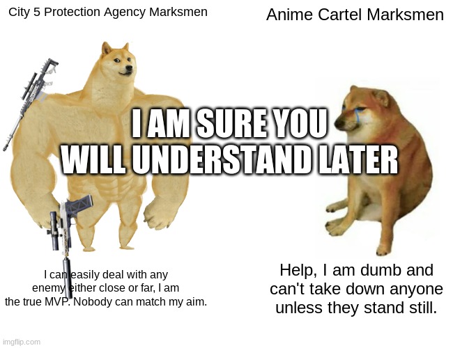 You will understand this meme in the future. | City 5 Protection Agency Marksmen; Anime Cartel Marksmen; I AM SURE YOU WILL UNDERSTAND LATER; I can easily deal with any enemy either close or far, I am the true MVP. Nobody can match my aim. Help, I am dumb and can't take down anyone unless they stand still. | image tagged in memes,buff doge vs cheems | made w/ Imgflip meme maker