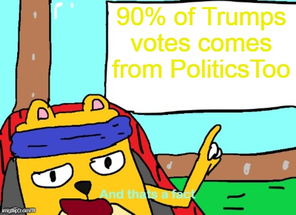 Therefore ironic and unfair | 90% of Trumps votes comes from PoliticsToo | image tagged in wubbzy and that's a fact | made w/ Imgflip meme maker