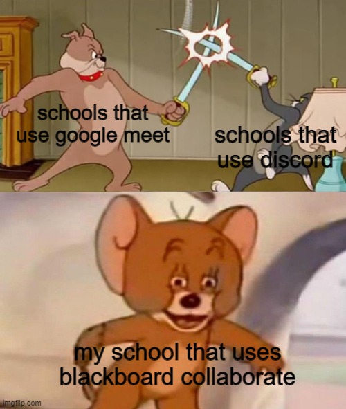 i- | schools that use google meet; schools that use discord; my school that uses blackboard collaborate | image tagged in i will now become switzerland | made w/ Imgflip meme maker