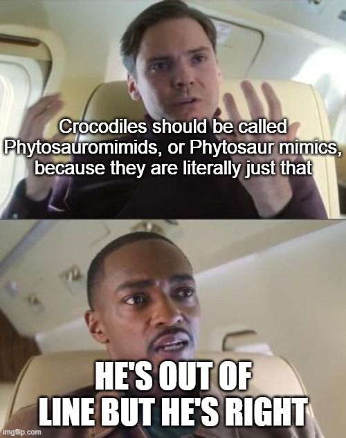 Out of line but he's right | Crocodiles should be called Phytosauromimids, or Phytosaur mimics, because they are literally just that; HE'S OUT OF LINE BUT HE'S RIGHT | image tagged in out of line but he's right,memes,palaeontology memes,Paleontology | made w/ Imgflip meme maker