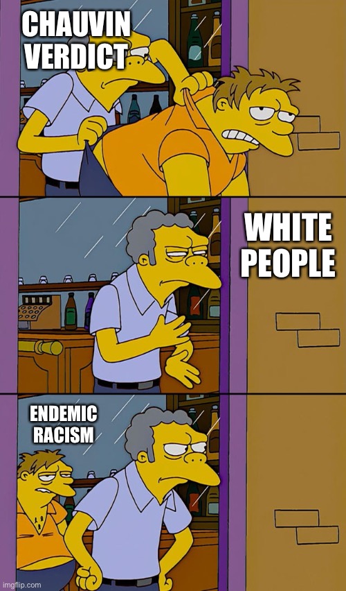 Moe throws Barney | CHAUVIN VERDICT; WHITE PEOPLE; ENDEMIC RACISM | image tagged in moe throws barney | made w/ Imgflip meme maker