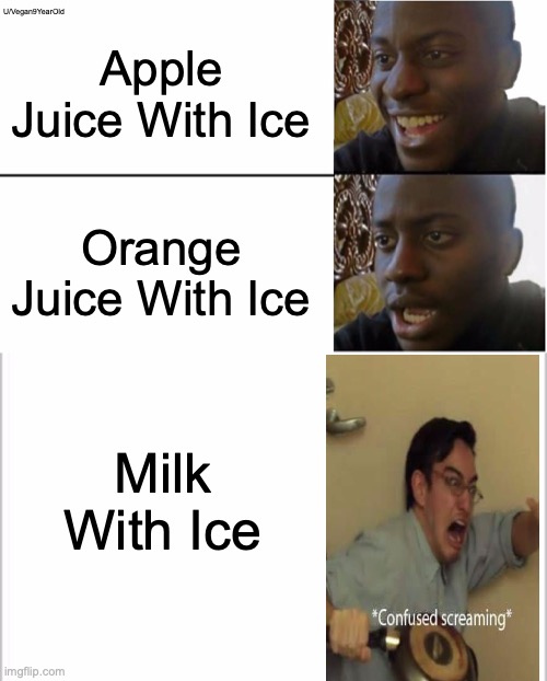 Milk With Ice is a sin | U/Vegan9YearOld; Apple Juice With Ice; Orange Juice With Ice; Milk With Ice | image tagged in disappointed black guy,white background | made w/ Imgflip meme maker