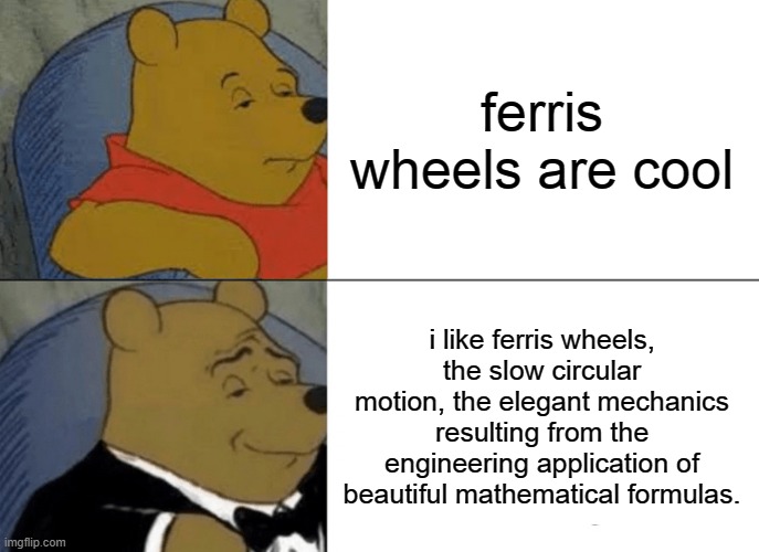 ferris wheels yes. | ferris wheels are cool; i like ferris wheels, the slow circular motion, the elegant mechanics resulting from the engineering application of beautiful mathematical formulas. | image tagged in memes,tuxedo winnie the pooh | made w/ Imgflip meme maker