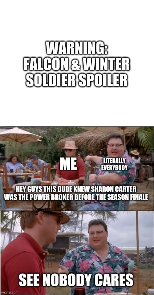 i knew it from the start... | WARNING: FALCON & WINTER SOLDIER SPOILER; LITERALLY EVERYBODY; ME; HEY GUYS THIS DUDE KNEW SHARON CARTER WAS THE POWER BROKER BEFORE THE SEASON FINALE; SEE NOBODY CARES | image tagged in memes,see nobody cares,marvel | made w/ Imgflip meme maker