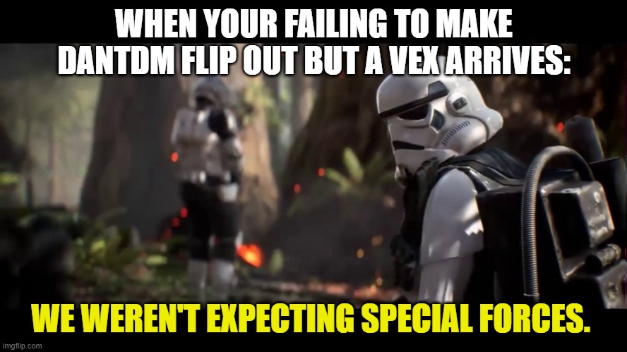 vex hex | WHEN YOUR FAILING TO MAKE DANTDM FLIP OUT BUT A VEX ARRIVES:; WE WEREN'T EXPECTING SPECIAL FORCES. | image tagged in we weren't expecting special forces | made w/ Imgflip meme maker