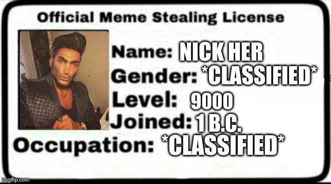 nick her :) | NICK HER; *CLASSIFIED*; 9000; 1 B.C. *CLASSIFIED* | image tagged in meme stealing license | made w/ Imgflip meme maker