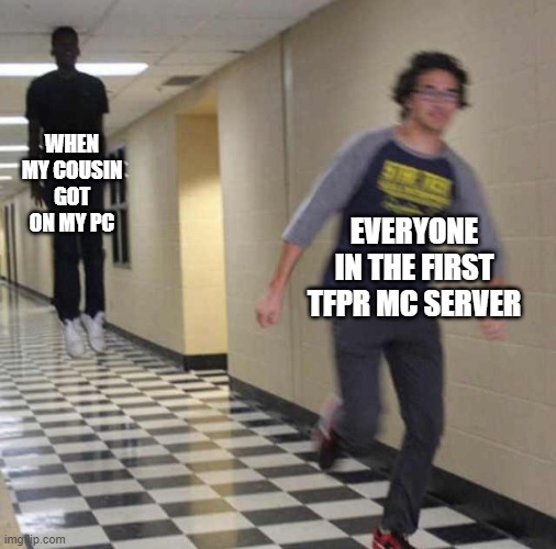 floating boy chasing running boy | WHEN MY COUSIN GOT ON MY PC; EVERYONE IN THE FIRST TFPR MC SERVER | image tagged in floating boy chasing running boy | made w/ Imgflip meme maker