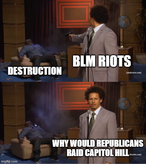 Who Killed Hannibal Meme | BLM RIOTS DESTRUCTION WHY WOULD REPUBLICANS RAID CAPITOL HILL | image tagged in memes,who killed hannibal | made w/ Imgflip meme maker
