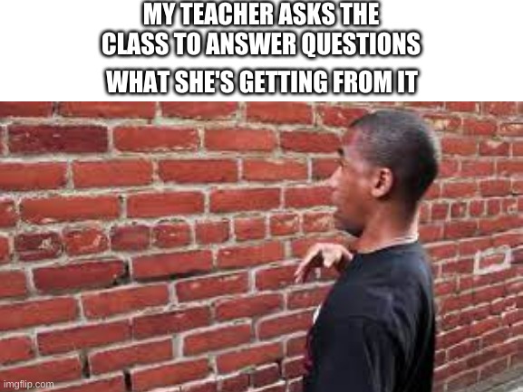 this is how my online teacher feels | MY TEACHER ASKS THE CLASS TO ANSWER QUESTIONS; WHAT SHE'S GETTING FROM IT | image tagged in brick wall guy | made w/ Imgflip meme maker