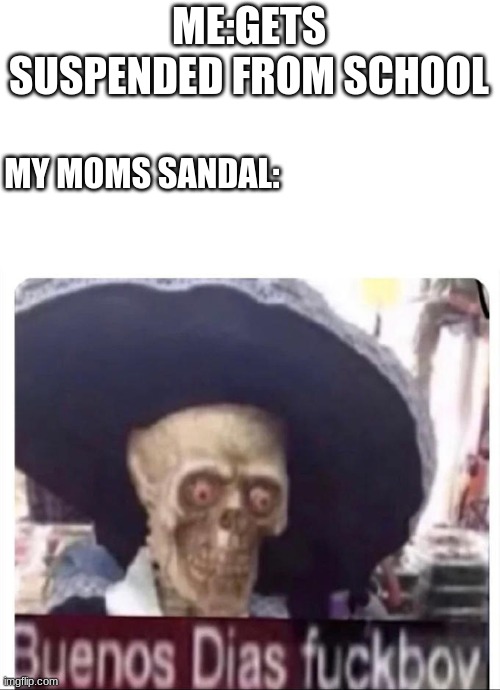 hola | ME:GETS SUSPENDED FROM SCHOOL; MY MOMS SANDAL: | image tagged in buenos dias skeleton | made w/ Imgflip meme maker