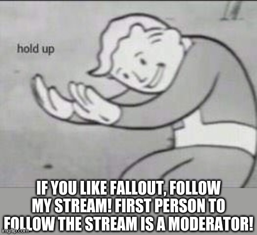 Fallout_Memes_223 | IF YOU LIKE FALLOUT, FOLLOW MY STREAM! FIRST PERSON TO FOLLOW THE STREAM IS A MODERATOR! | image tagged in fallout hold up | made w/ Imgflip meme maker