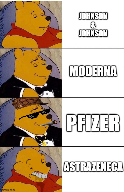 How people see the vaccines. | JOHNSON
&
JOHNSON; MODERNA; PFIZER; ASTRAZENECA | image tagged in best better blurst,covid-19,vaccines,covid | made w/ Imgflip meme maker