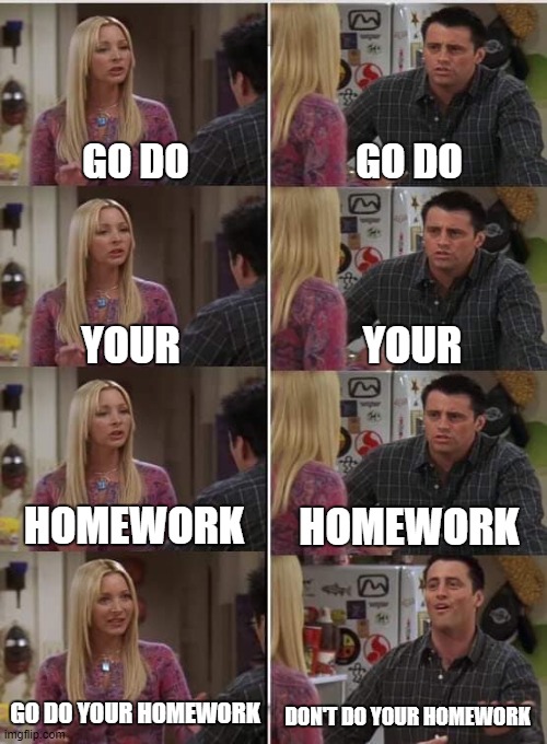 Phoebe Joey | GO DO; GO DO; YOUR; YOUR; HOMEWORK; HOMEWORK; GO DO YOUR HOMEWORK; DON'T DO YOUR HOMEWORK | image tagged in phoebe joey | made w/ Imgflip meme maker