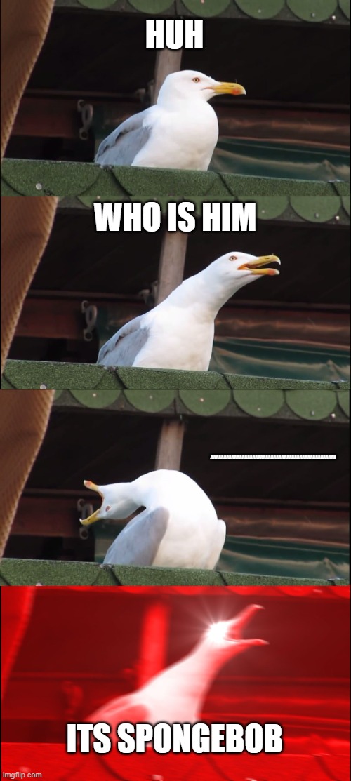 Inhaling Seagull Meme | HUH; WHO IS HIM; AAAAAAAAAAAAAAAAAAAAAAAAAAAAAAAAAAAAAAAAAAAAAAAH; ITS SPONGEBOB | image tagged in memes,inhaling seagull | made w/ Imgflip meme maker