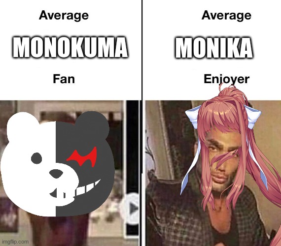 Average Fan vs. Average Enjoyer | MONIKA; MONOKUMA | image tagged in average fan vs average enjoyer | made w/ Imgflip meme maker