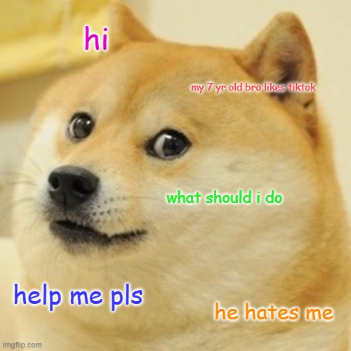 qwertyuiopasdfghjklzxcvbnm | hi; my 7 yr old bro likes tiktok; what should i do; help me pls; he hates me | image tagged in memes,doge | made w/ Imgflip meme maker