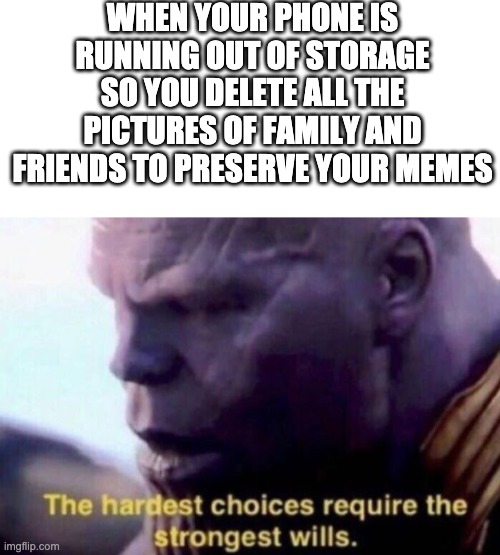  WHEN YOUR PHONE IS RUNNING OUT OF STORAGE SO YOU DELETE ALL THE PICTURES OF FAMILY AND FRIENDS TO PRESERVE YOUR MEMES | image tagged in blank white template,the hardest choices require the strongest wills | made w/ Imgflip meme maker
