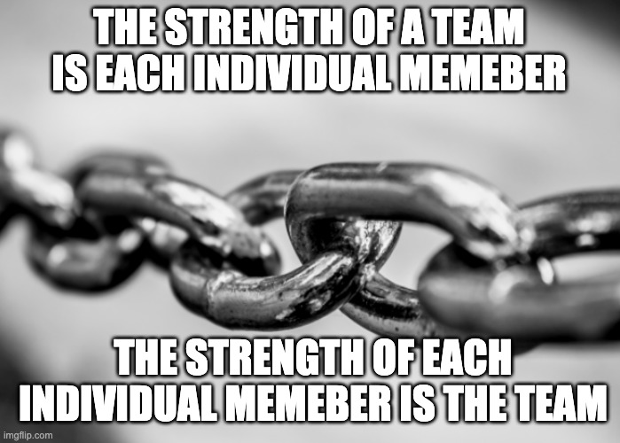 Team strength | THE STRENGTH OF A TEAM IS EACH INDIVIDUAL MEMEBER; THE STRENGTH OF EACH INDIVIDUAL MEMEBER IS THE TEAM | image tagged in memes | made w/ Imgflip meme maker
