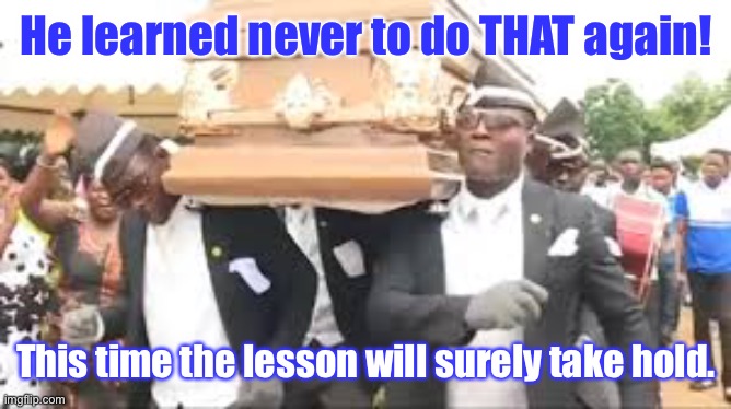 Coffin dance | He learned never to do THAT again! This time the lesson will surely take hold. | image tagged in coffin dance | made w/ Imgflip meme maker