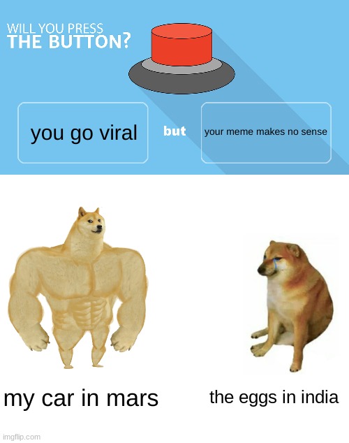 you go viral; your meme makes no sense; my car in mars; the eggs in india | image tagged in memes,buff doge vs cheems | made w/ Imgflip meme maker