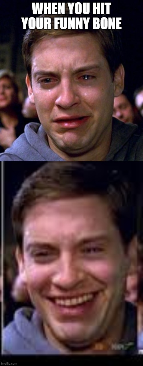 WHEN YOU HIT YOUR FUNNY BONE | image tagged in crying peter parker,sad peter happy peter sad peter | made w/ Imgflip meme maker
