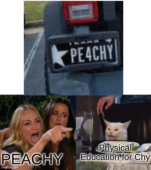 PE4CHY | Physical Education for Chy; PEACHY | image tagged in memes,woman yelling at cat | made w/ Imgflip meme maker