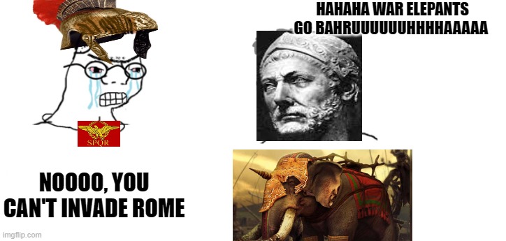 Elephants go bahruhaa |  HAHAHA WAR ELEPANTS GO BAHRUUUUUUHHHHAAAAA; NOOOO, YOU CAN'T INVADE ROME | image tagged in nooo haha go brrr,hannibal,rome,history memes,elephants | made w/ Imgflip meme maker