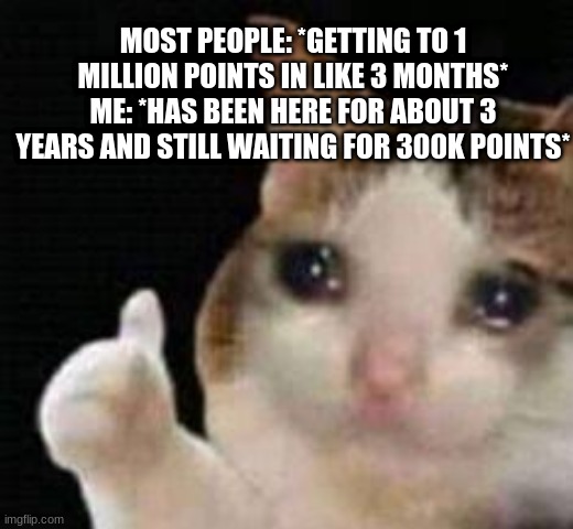 I don't understand | MOST PEOPLE: *GETTING TO 1 MILLION POINTS IN LIKE 3 MONTHS*
ME: *HAS BEEN HERE FOR ABOUT 3 YEARS AND STILL WAITING FOR 300K POINTS* | image tagged in approved crying cat | made w/ Imgflip meme maker
