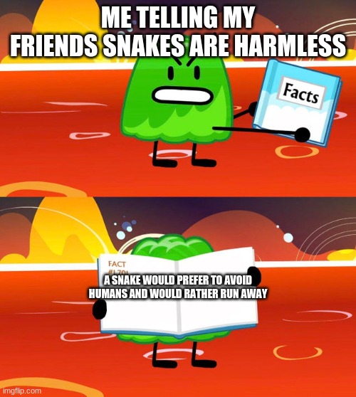 SNake | ME TELLING MY FRIENDS SNAKES ARE HARMLESS; A SNAKE WOULD PREFER TO AVOID HUMANS AND WOULD RATHER RUN AWAY | image tagged in gelatin's book of facts | made w/ Imgflip meme maker