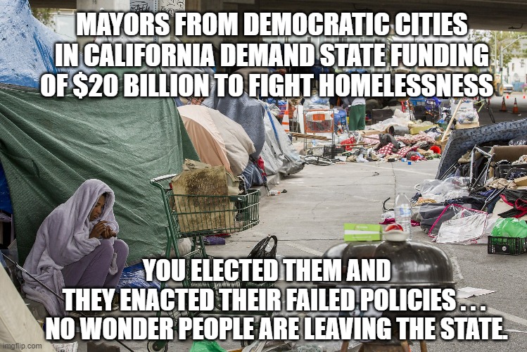 Taxation Without Representation | MAYORS FROM DEMOCRATIC CITIES IN CALIFORNIA DEMAND STATE FUNDING OF $20 BILLION TO FIGHT HOMELESSNESS; YOU ELECTED THEM AND    
THEY ENACTED THEIR FAILED POLICIES . . . 
NO WONDER PEOPLE ARE LEAVING THE STATE. | image tagged in california,liberals,democrats,homeless,mayors,taxes | made w/ Imgflip meme maker