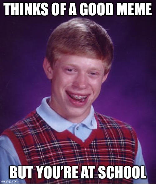 Rip | THINKS OF A GOOD MEME; BUT YOU’RE AT SCHOOL | image tagged in memes,bad luck brian,rip | made w/ Imgflip meme maker