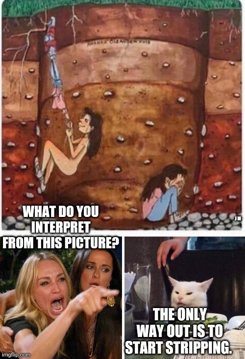 WHAT DO YOU INTERPRET FROM THIS PICTURE? J M; THE ONLY WAY OUT IS TO START STRIPPING. | image tagged in smudge the cat | made w/ Imgflip meme maker