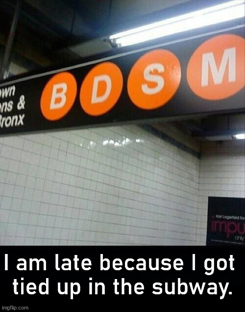 I am late because I got 
tied up in the subway. | image tagged in bdsm | made w/ Imgflip meme maker