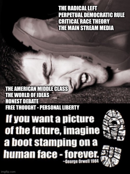 And So It Goes | THE RADICAL LEFT
PERPETUAL DEMOCRATIC RULE
CRITICAL RACE THEORY
THE MAIN STREAM MEDIA; THE AMERICAN MIDDLE CLASS 
THE WORLD OF IDEAS
HONEST DEBATE
FREE THOUGHT - PERSONAL LIBERTY | image tagged in 1984,critical race theory,mainstream media,liberty,msm,government | made w/ Imgflip meme maker