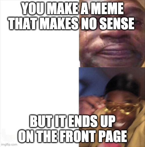 LOL | YOU MAKE A MEME THAT MAKES NO SENSE; BUT IT ENDS UP ON THE FRONT PAGE | image tagged in sad happy | made w/ Imgflip meme maker