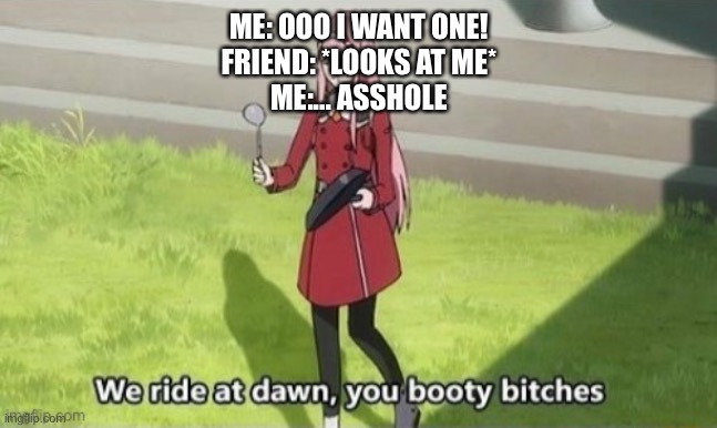 We ride at dawn, booty bitches | ME: OOO I WANT ONE!
FRIEND: *LOOKS AT ME*
ME:... ASSHOLE | image tagged in we ride at dawn booty bitches | made w/ Imgflip meme maker