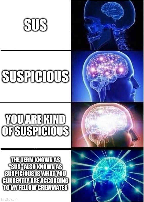 Expanding Brain Meme | SUS; SUSPICIOUS; YOU ARE KIND OF SUSPICIOUS; THE TERM KNOWN AS "SUS" ALSO KNOWN AS SUSPICIOUS IS WHAT YOU CURRENTLY ARE ACCORDING TO MY FELLOW CREWMATES | image tagged in memes,expanding brain | made w/ Imgflip meme maker