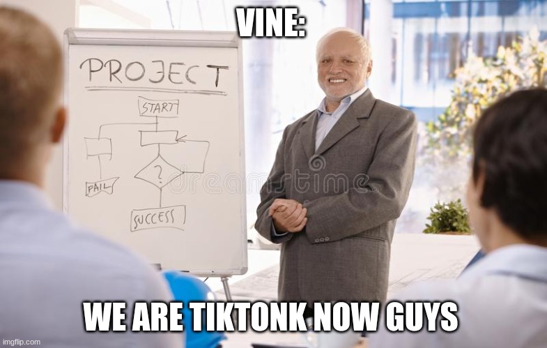 Hide The Pain Project Manager | VINE:; WE ARE TIKTONK NOW GUYS | image tagged in hide the pain project manager | made w/ Imgflip meme maker