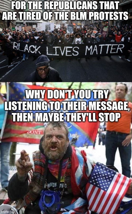 FOR THE REPUBLICANS THAT ARE TIRED OF THE BLM PROTESTS; WHY DON'T YOU TRY LISTENING TO THEIR MESSAGE, THEN MAYBE THEY'LL STOP | image tagged in black lives matter,conservative alt right tardo | made w/ Imgflip meme maker
