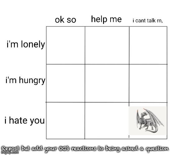 Repost but add your OC’s reactions to being asked a question | made w/ Imgflip meme maker