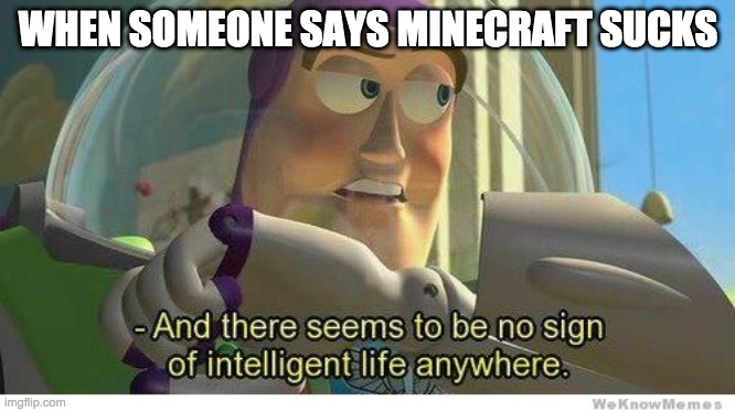 When someone says minecraft sucks | WHEN SOMEONE SAYS MINECRAFT SUCKS | image tagged in buzz lightyear no intelligent life | made w/ Imgflip meme maker