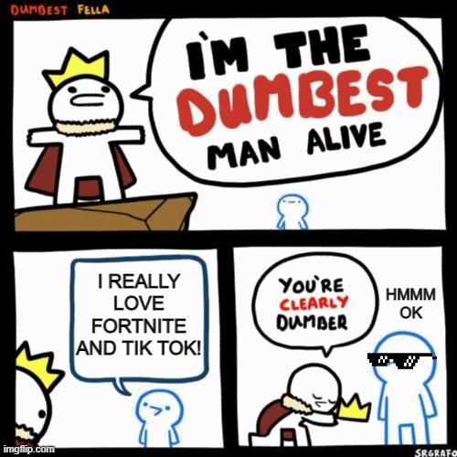 I'm the dumbest man alive | I REALLY LOVE FORTNITE AND TIK TOK! HMMM OK | image tagged in i'm the dumbest man alive | made w/ Imgflip meme maker