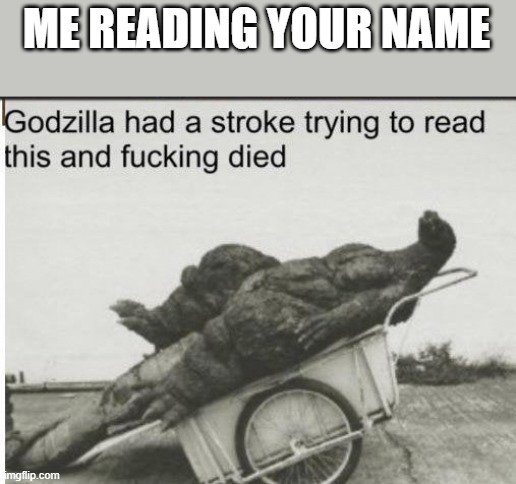 Godzilla | ME READING YOUR NAME | image tagged in godzilla | made w/ Imgflip meme maker