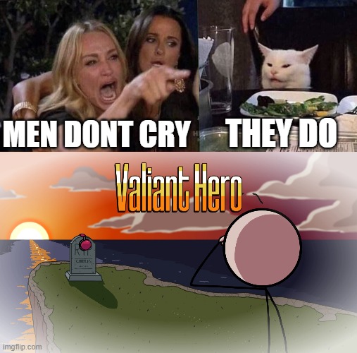 MEN DONT CRY; THEY DO | image tagged in woman yelling at cat,rip charles | made w/ Imgflip meme maker