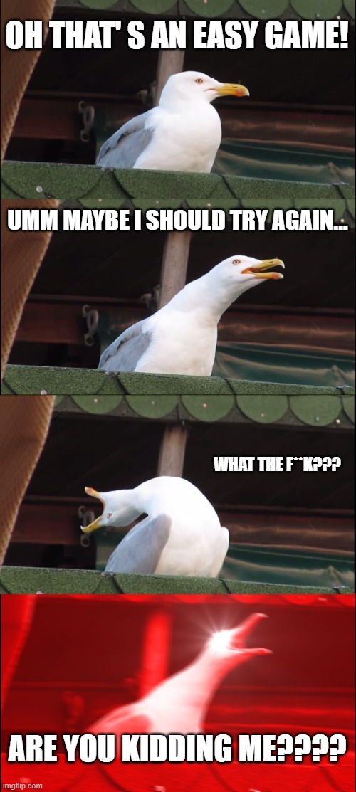 Inhaling Seagull | OH THAT' S AN EASY GAME! UMM MAYBE I SHOULD TRY AGAIN... WHAT THE F**K??? ARE YOU KIDDING ME???? | image tagged in memes,inhaling seagull | made w/ Imgflip meme maker