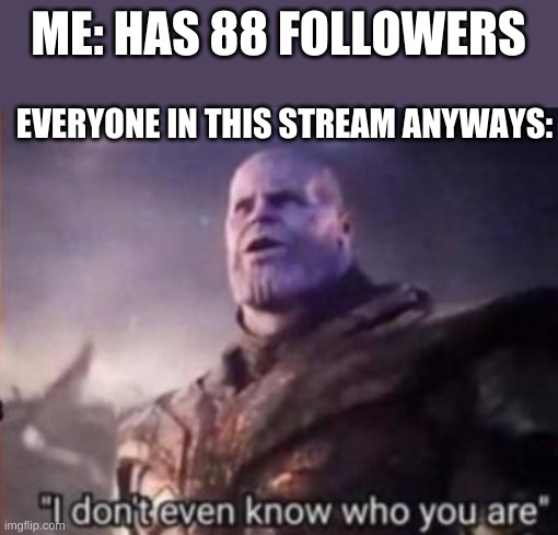 Thanos, I don't even know who you are | ME: HAS 88 FOLLOWERS; EVERYONE IN THIS STREAM ANYWAYS: | image tagged in thanos i don't even know who you are | made w/ Imgflip meme maker