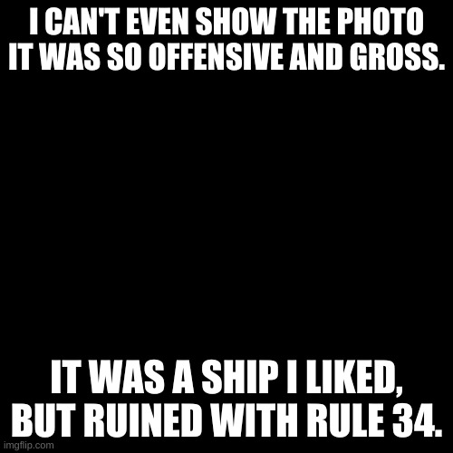 I can't show the photo, I JUST CAN'T. | I CAN'T EVEN SHOW THE PHOTO IT WAS SO OFFENSIVE AND GROSS. IT WAS A SHIP I LIKED, BUT RUINED WITH RULE 34. | image tagged in memes,blank transparent square | made w/ Imgflip meme maker