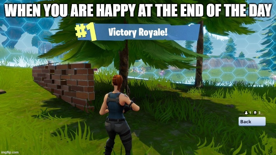 Fortnight victory royale | WHEN YOU ARE HAPPY AT THE END OF THE DAY | image tagged in fortnight victory royale | made w/ Imgflip meme maker
