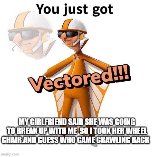 vectored | MY GIRLFRIEND SAID SHE WAS GOING TO BREAK UP WITH ME  SO I TOOK HER WHEEL CHAIR.AND GUESS WHO CAME CRAWLING BACK | image tagged in you just got vectored | made w/ Imgflip meme maker